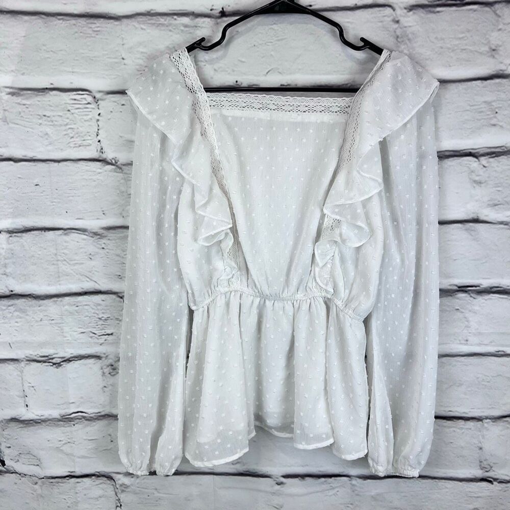 Savannah Jane White Swiss Dot Ruffle Boho Peasant Top Size M - Picture 6 of 6